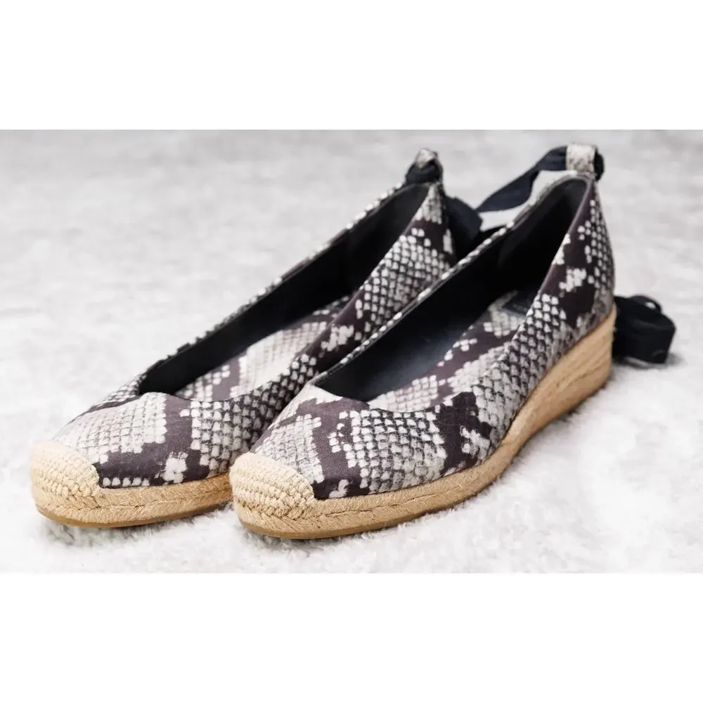Tory Burch Heather Black Snakeprint Ankle Wrap Satin Wedges Espadrilles Womens 7